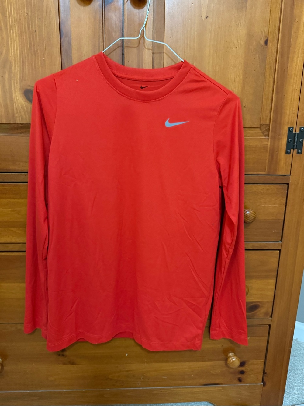 Nike Boy’s Long Sleeve Dri-FIT Crew - Red with Silver Swoosh